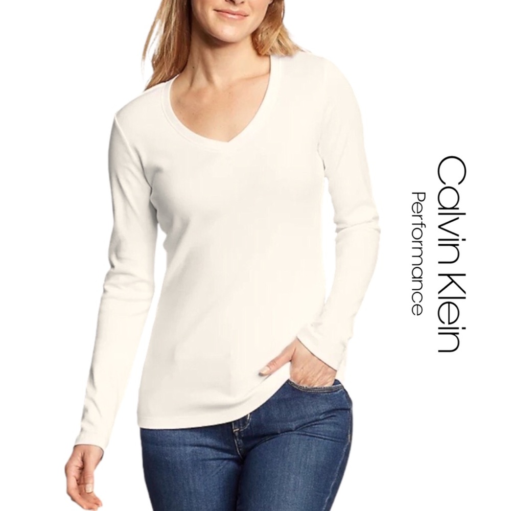 Calvin Klein Performance Tee T-Shirt Long Sleeve V-Neck (Off) White, Sz L, NWT